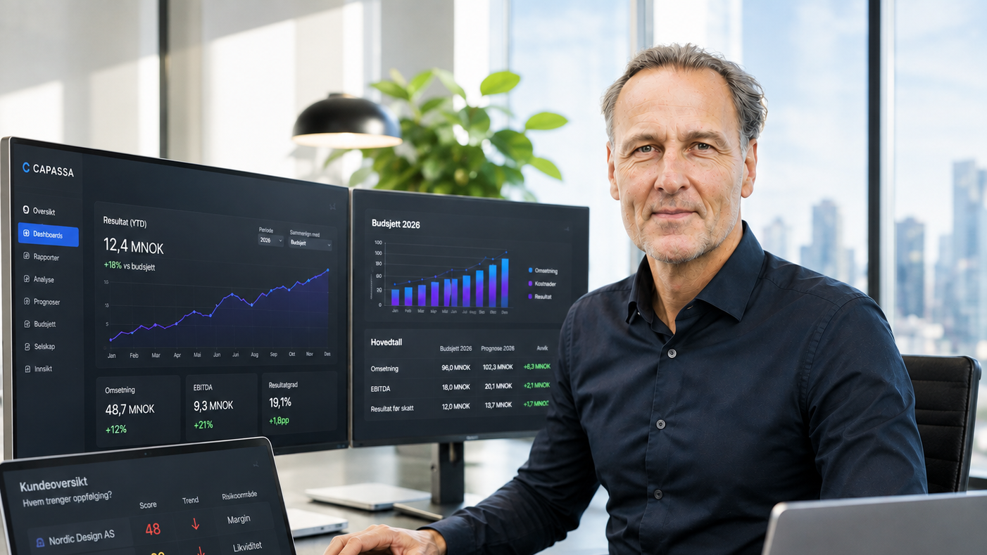 Aage Thorsen ved skrivebordet, omgitt av Capassas dashboards for resultat, budsjett og kundeoversikt