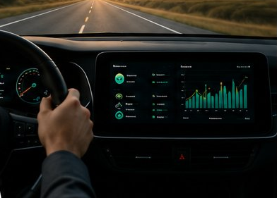 Bilcockpit med et datadashbord på skjermen